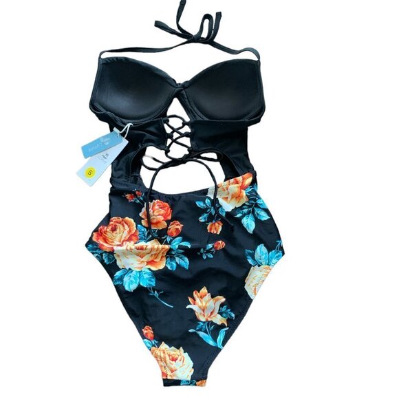 NWT Black Floral Print Halter One Piece Swimsuit Sz S #102D - Picture 7 of 12